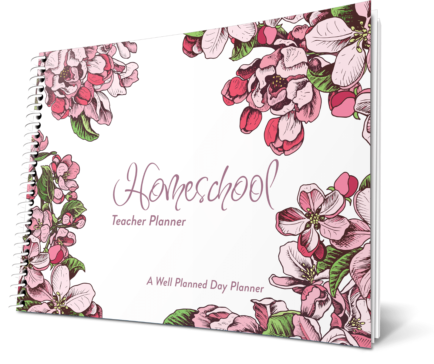 Custom Homeschool Landscape Planner -  Apple Blossom White Background - Spiral