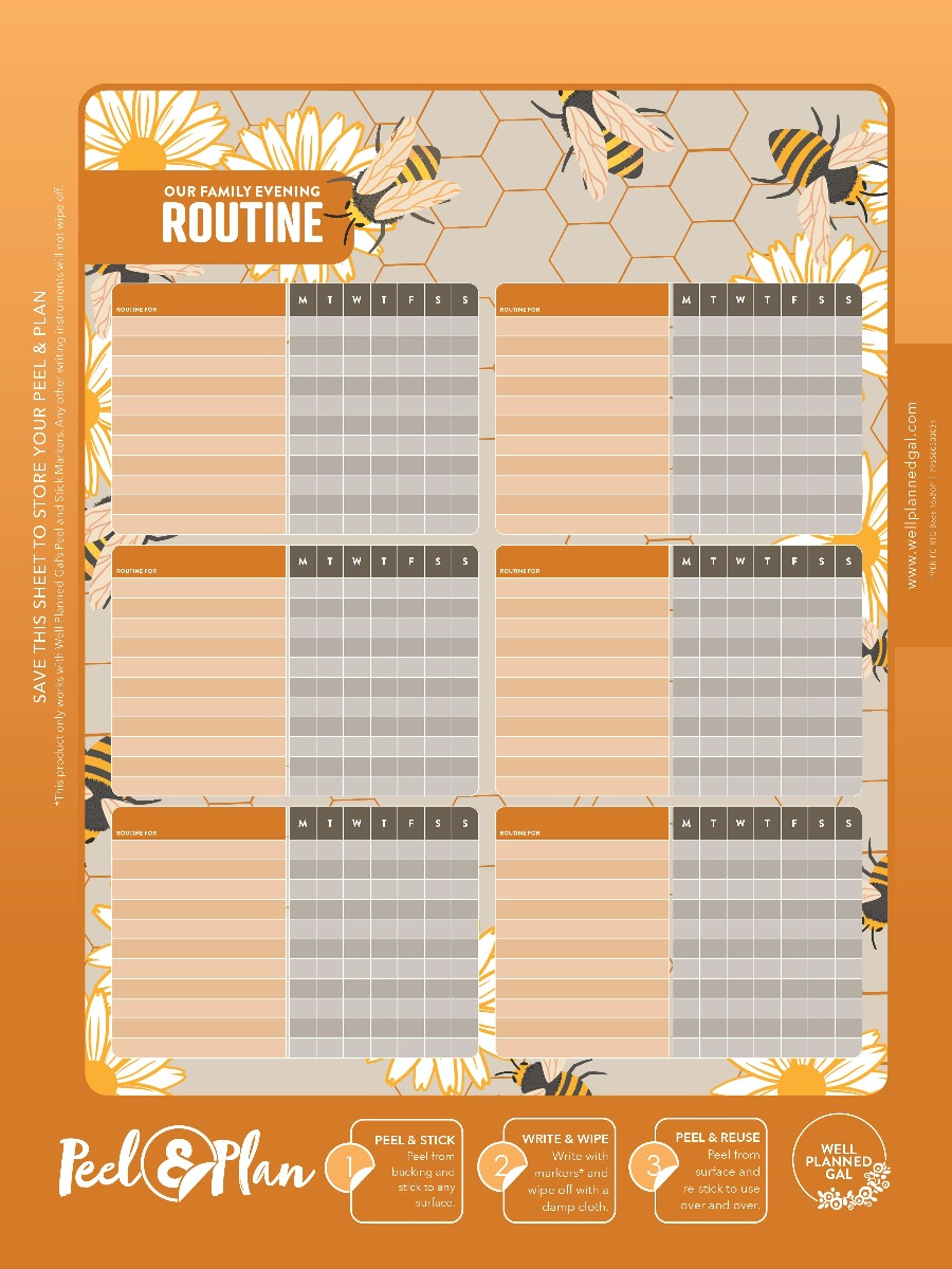 Ready to Go Evening Routines, Family (Space for 6), Bees, 16x20P