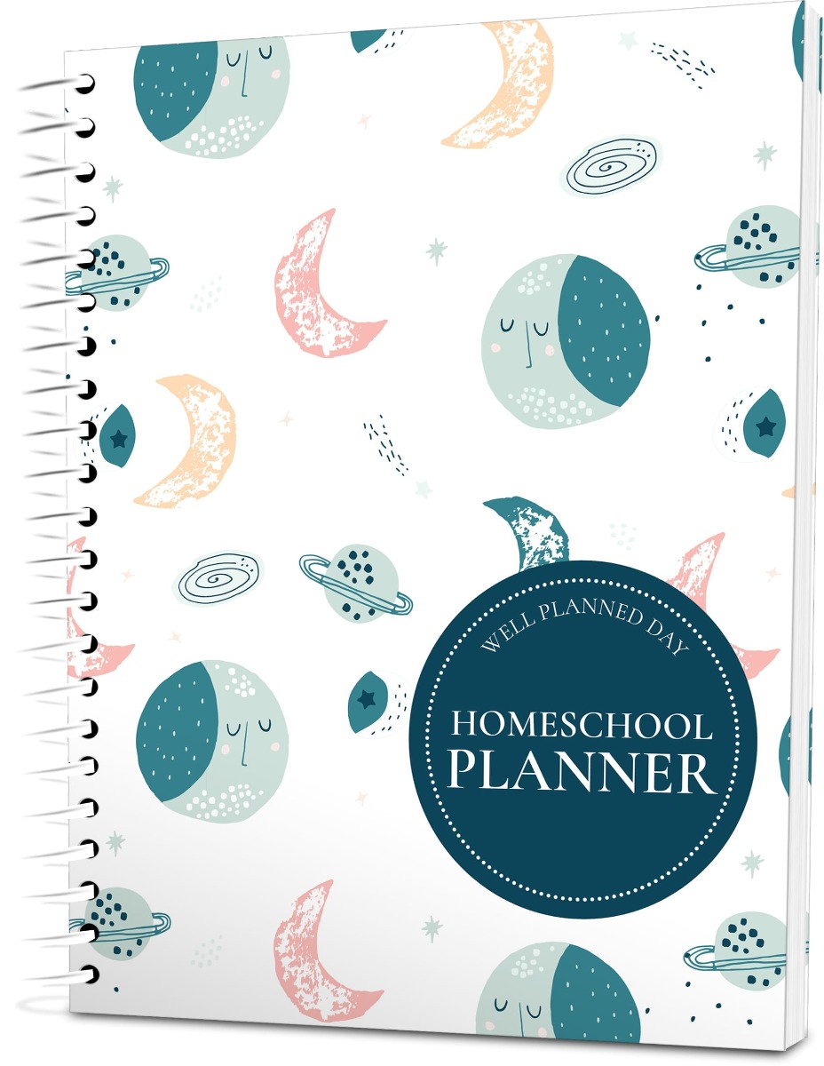 Custom Homeschool Portrait Planner - Goodnight Moon and Stars White Background - Expanded Coil