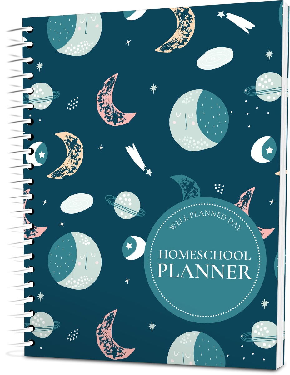 Custom Homeschool Portrait Planner - Goodnight Moon and Stars Color Background - Spiral