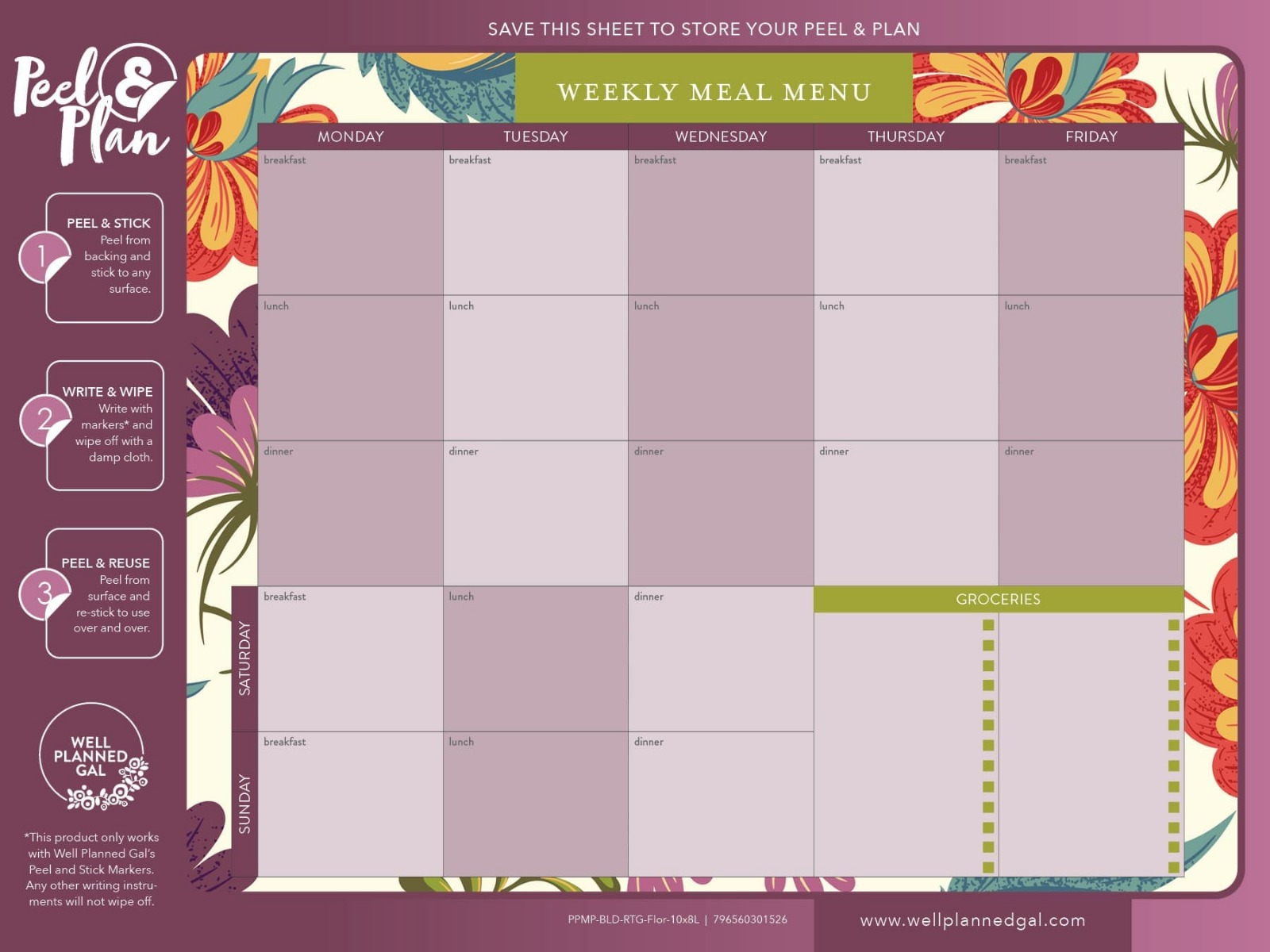 Ready to Go Breakfast, Lunch, Dinner Meal Plan with Markers, Floral, 10x8L
