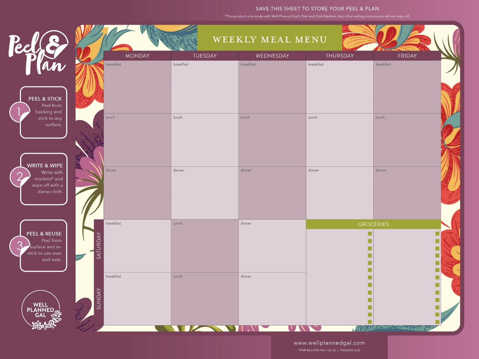 Breakfast, Lunch, Dinner Meal Plan, Floral, 13x10L