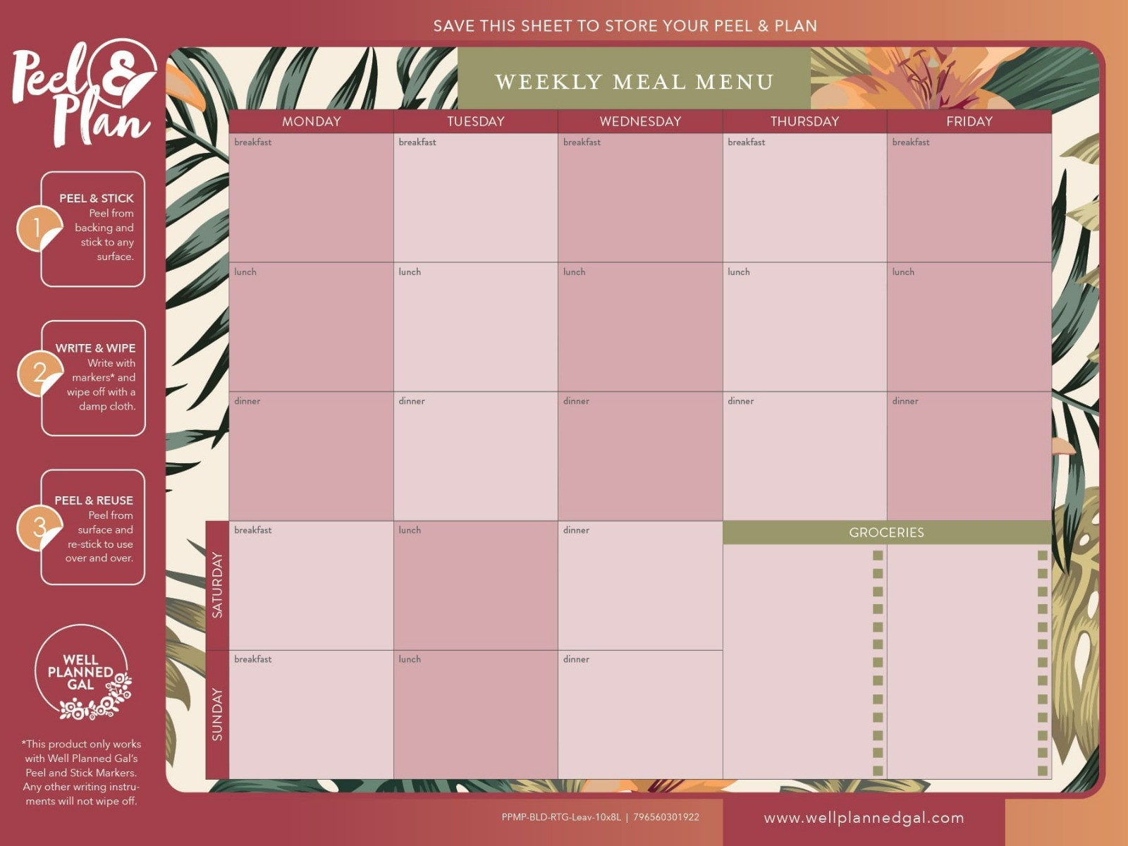 Ready to Go Breakfast, Lunch, Dinner Meal Plan with Markers, Leaves, 10x8L