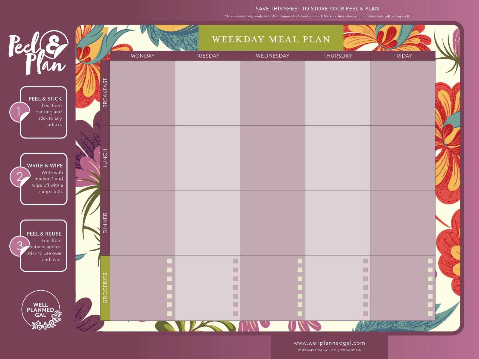 Ready to Go Weekday Meal Plan with Markers, Floral, 13x10L