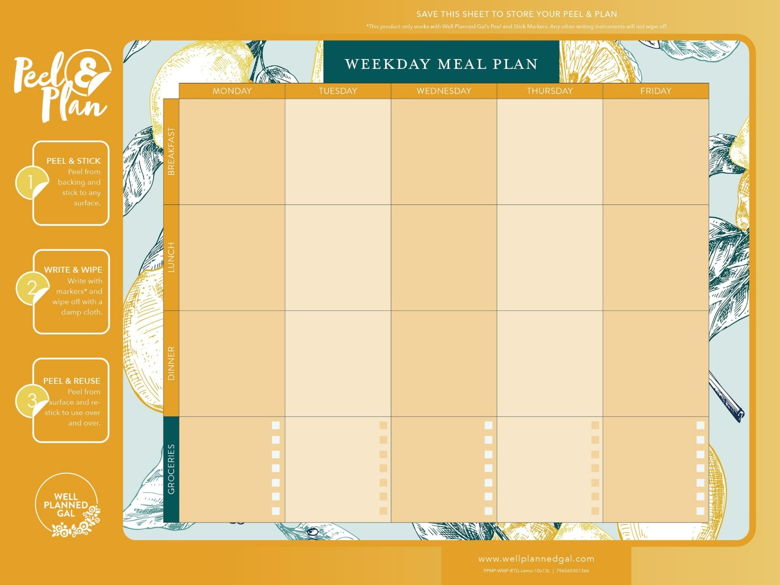 Ready to Go Weekday Meal Plan with Markers, Lemon, 13x10L