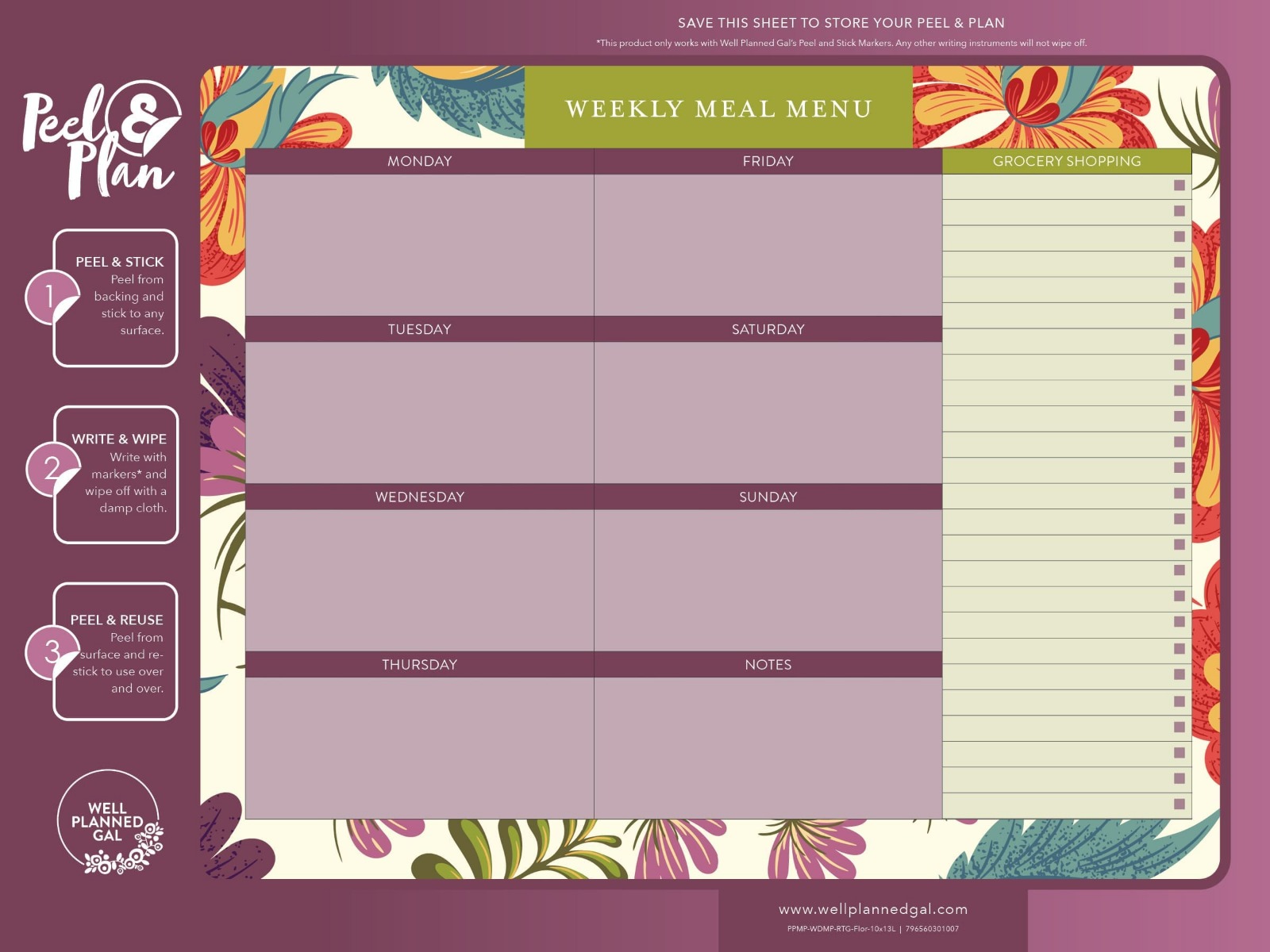 Ready to Go Weekly Meal Plan with Markers, Floral, 13x10L