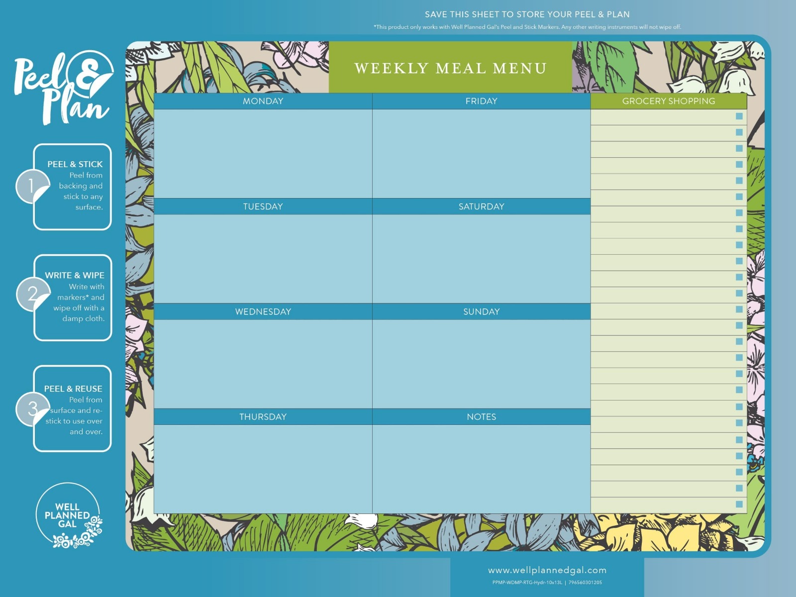 Ready to Go Weekly Meal Plan with Markers, Hydrangea, 13x10L